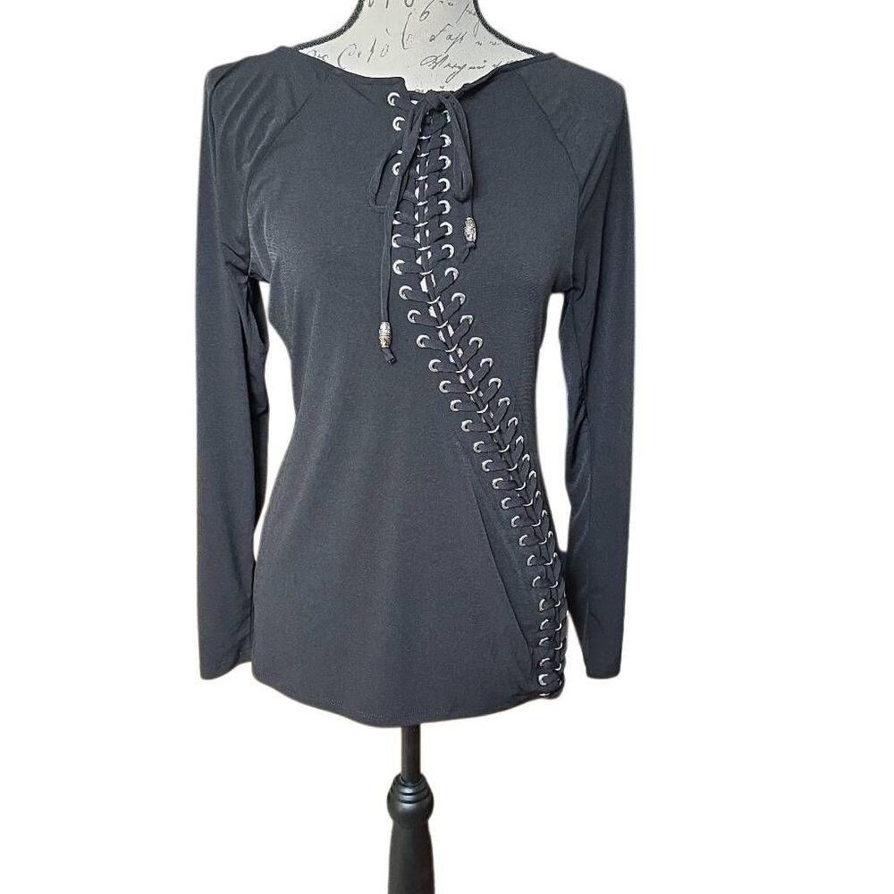 Venus Women's Size Medium Black Silver Asymmetrical Grommet Cold Shoulder Top